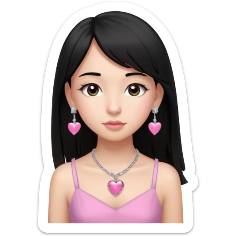Cabelos pretos longos lisos ,com franja curvada .olhos pretos puxadinho para cima. Cílios longos curvados. Pele clara ,nariz pequeno ,lábios carnudos ,adolescente 16 anos ,vestido rosa de alça, colar de coração prata ,brinco de diamante sticker