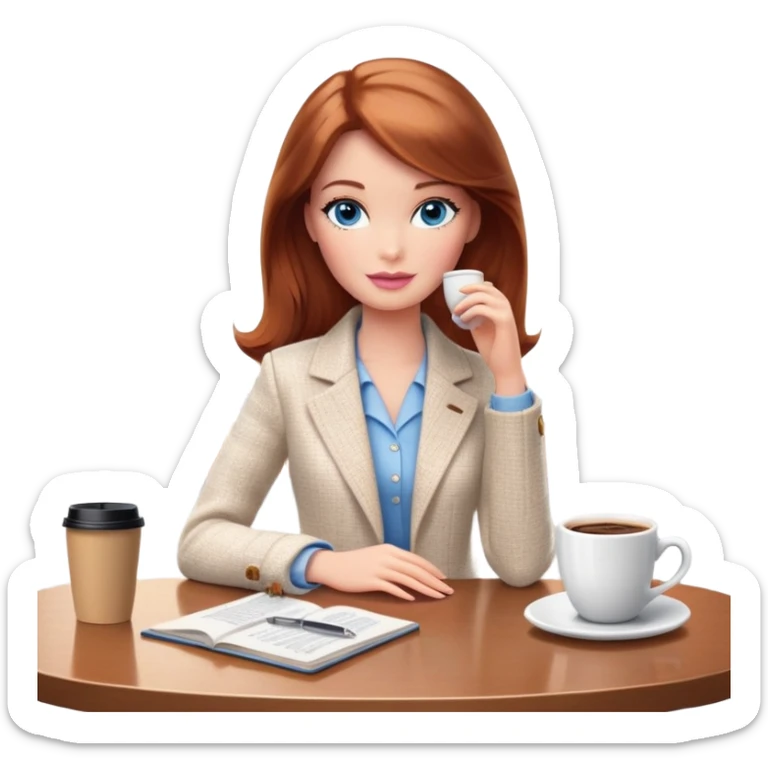 A Barbie girl with blue eyes, shoulder-length reddish-brown hair, made-up, wearing a white tweed jacket and a beige skirt, is sitting at a table with a cup of coffee in her hands sticker