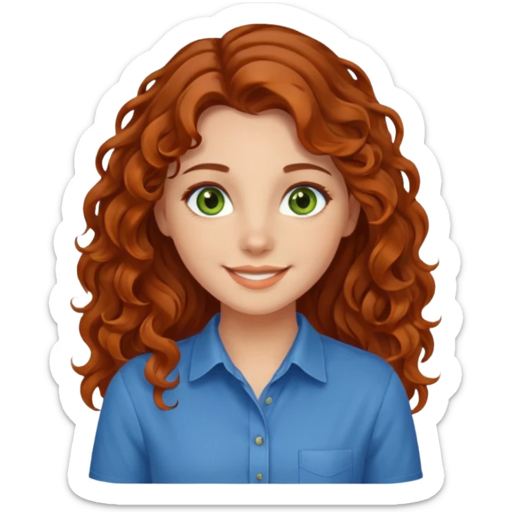 girl with brown hair, green eyes with a blue shirt no background ,young with curly hair smileing long hair not so curly and orange sticker