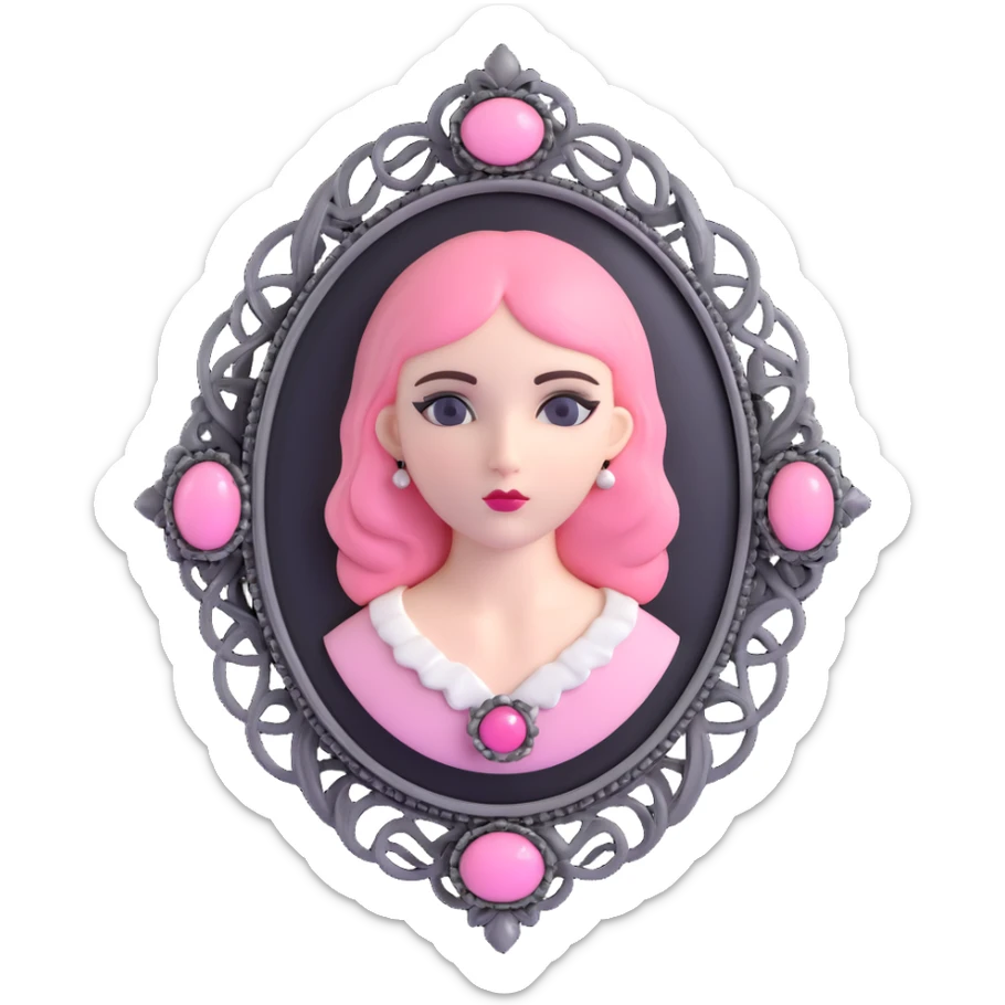 3D gothic cameo brooch with pink accents, vintage and detailed sticker