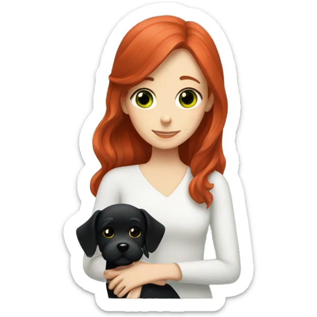 red-haired girl with green eyes hugs a maltese black dog sticker