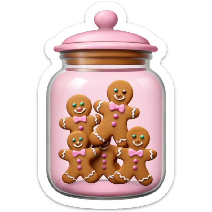 Realistic glass cookie jar with light pink lid full of gingerbread cookies isolated.  sticker