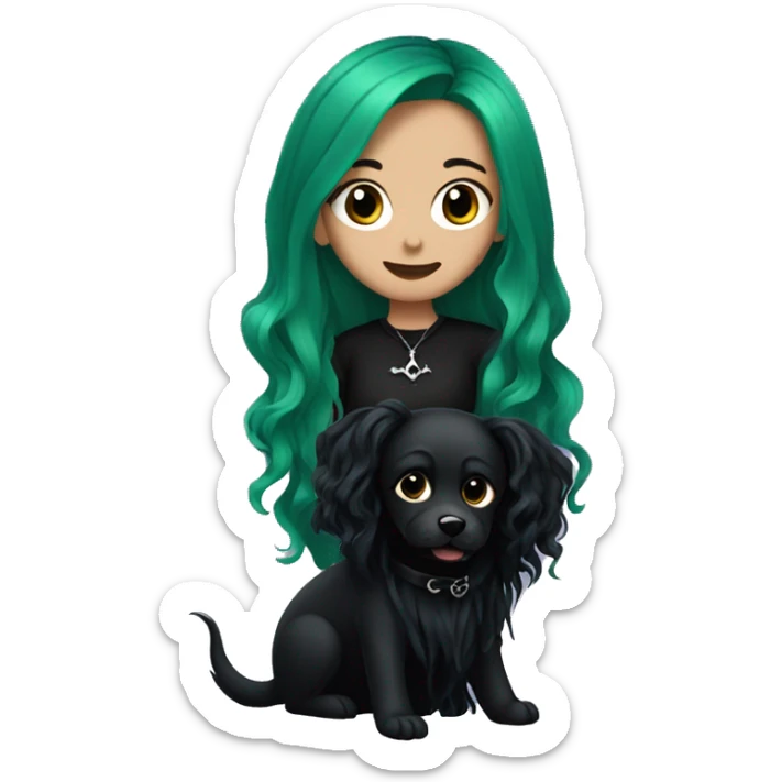 a goth girl with green long wavy hair and two black dogs sticker