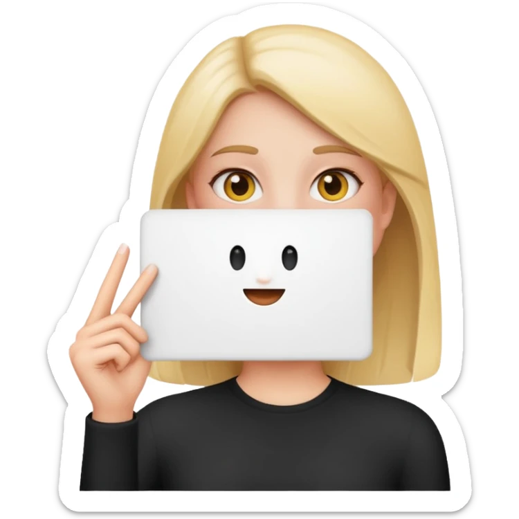 close up of a girl holding a blank white sign, with her face and body visible on the side of the poster, emoji style sticker