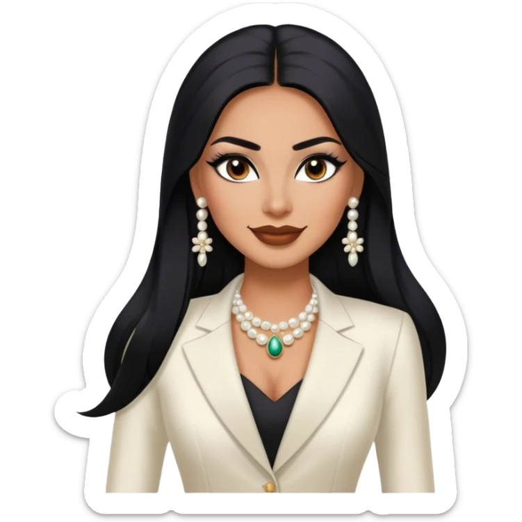 beautiful fit tall woman boss, with long straight black hair, with make up, black eye liner, smile mooth close, mexican, brown skin, wearing beautiful couture outfit and discret pearl  sticker