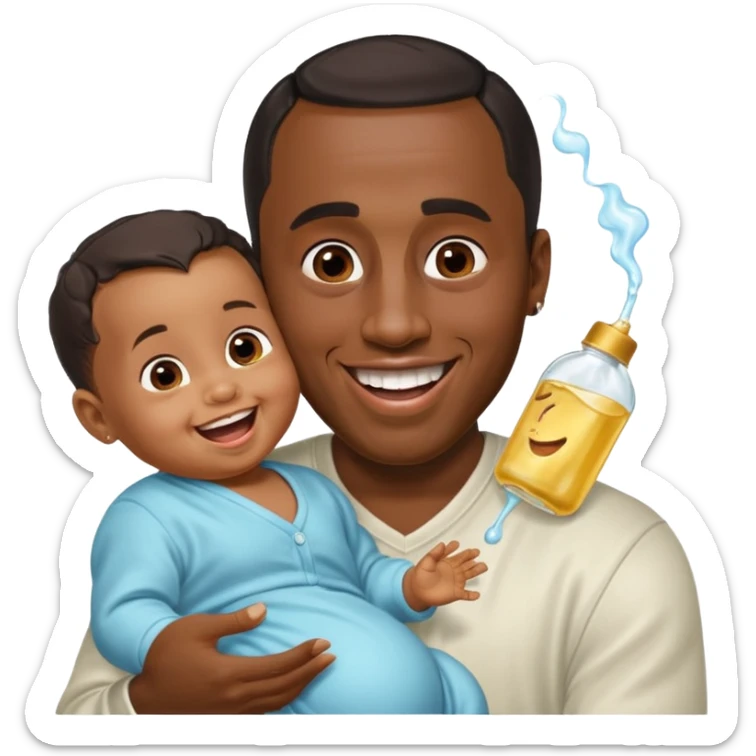 Sean “Diddy” Combs with baby oil and a very small infant and he’s pouring the baby oil on the infant that is laughing with a very exaggerated expression sticker