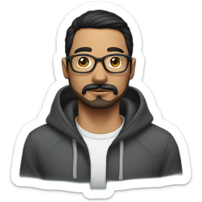Man with dark straight hair moustache and beard, wearing a hoodie, glasses, arm tattoos sticker