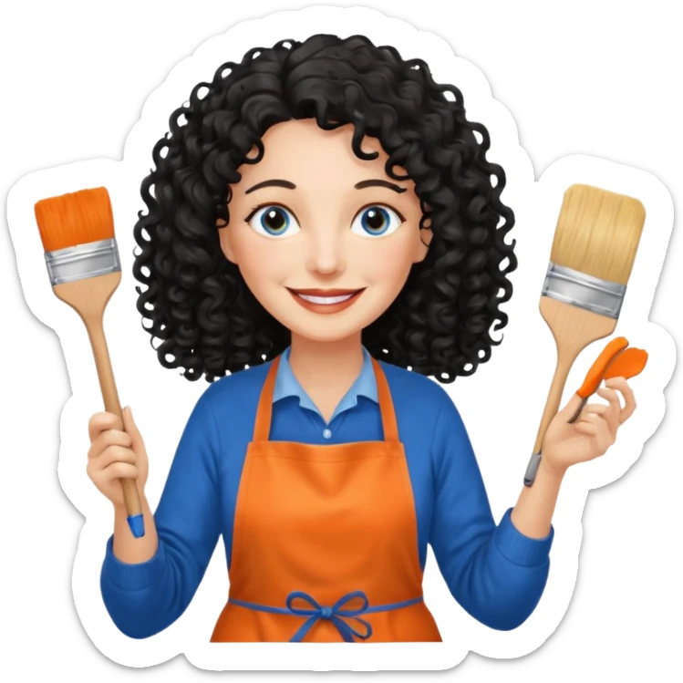 FEMME BLANCHE FRISÉ 60 ANS CHEVEUX NOIR FRISÉ ONDULÉ TRÈS  LONG , SOURIANTE AVEC CHANDAIL ORANGE ,   YEUX BLEU ET UN PINCEAU À LA MAIN LA MAIN AVEC 5 DOIGT SEULEMENT ET TABLIER sticker