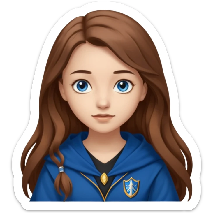 gorgeous Girl with light skin, blue eyes, long brown hair, wears a ravenclaw outfit sticker