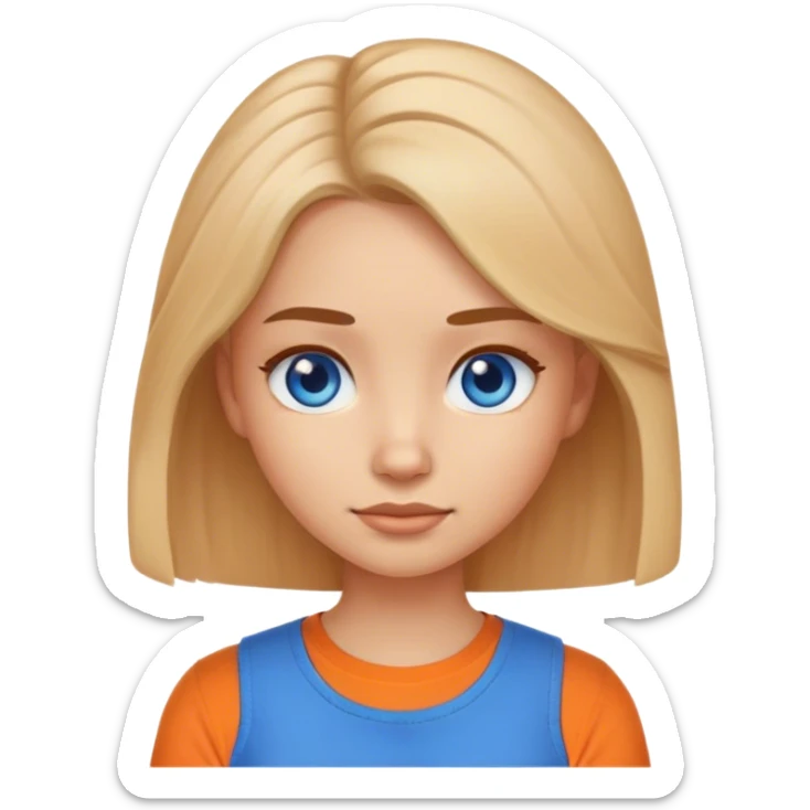 a girl emoji showing her shoulders and she has 2a hair and blue eyes and and orange shirt sticker
