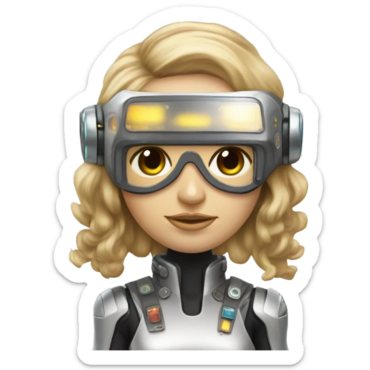 Brown long hair with blonde steaks female cyborg head, fair skin, space age goggles and circuits sticker