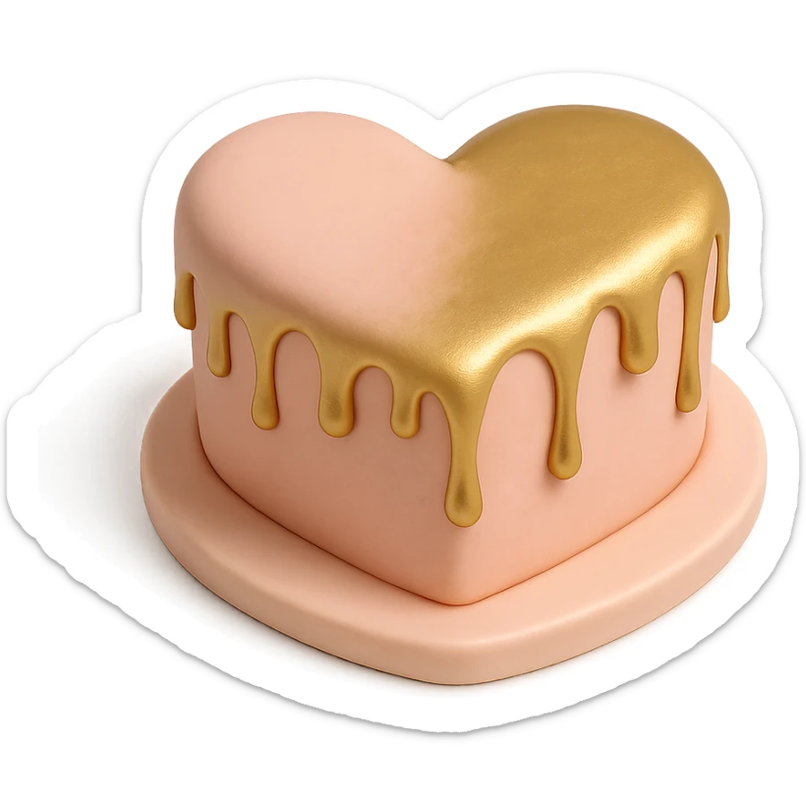 heart-shaped fondant cake with metallic gold drip sticker