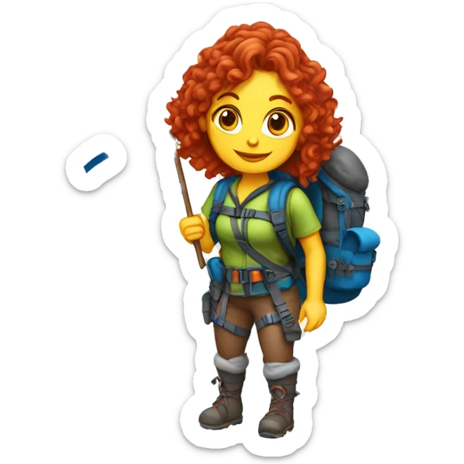 Female winter mountain climber red wavy hair climbing with Greek flag on backpack and holding Easter eggs basket sticker