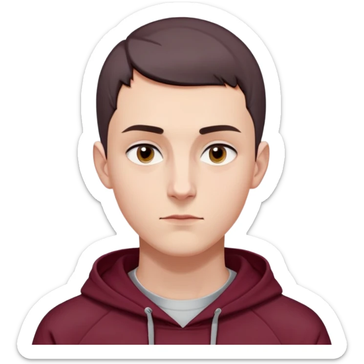 young white European male with short buzzcut dark hair, smooth clear skin, wearing a maroon hoodie with the hood up, oval-shaped face, defined jawline, high cheekbones, symmetrical features, sharp focused eyes, straight prominent eyebrows, calm neutral expression sticker