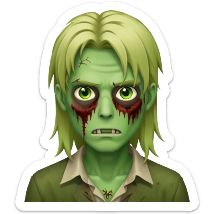 handsome male zombie with green skin, dirty blonde long anime-style hair, green eyes, iOS emoji style sticker