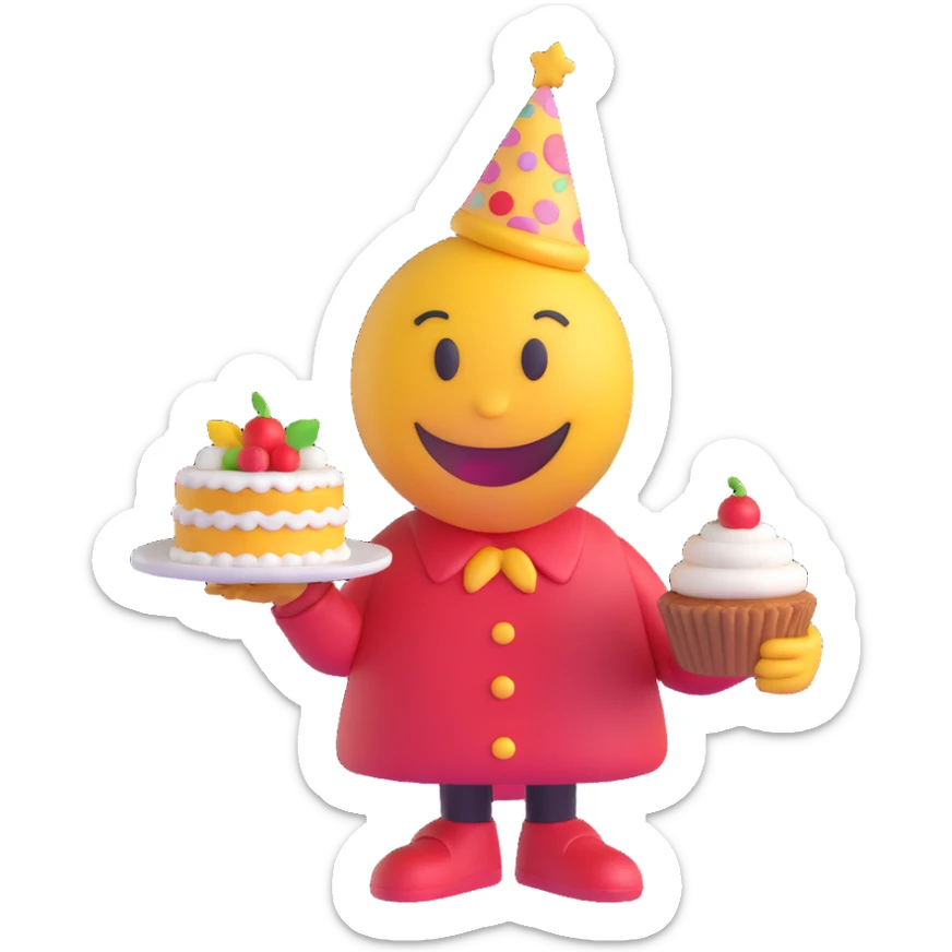 3D smiley emoji, round shape, grandparents in festive clothes with cake, yellow color, smiling face sticker
