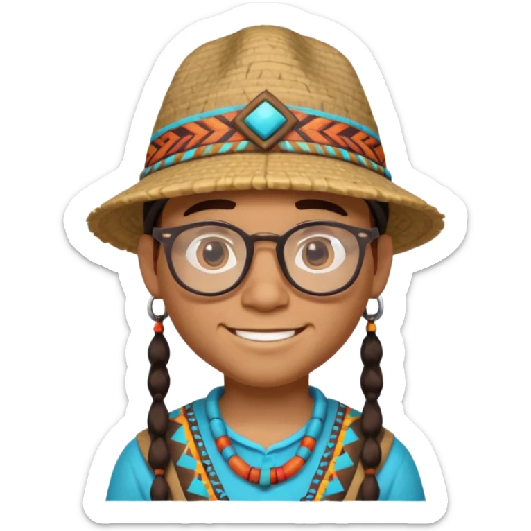 cute Indigenous tribal male character portrait, head and shoulders only, wearing glasses, stylish hat, friendly smile, colorful tribal patterns, 3D cartoon, mobile game icon style, clean background, no text, no watermark
 sticker