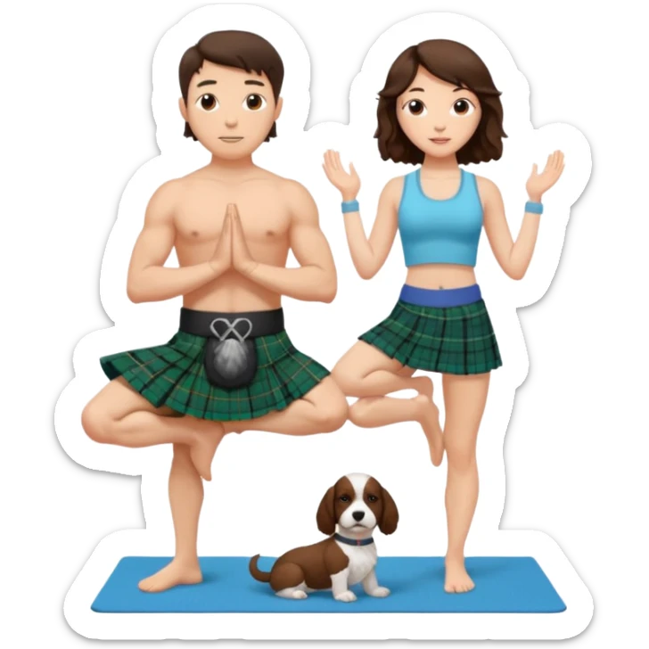 emoji of brunette man wearing kilt, brunette woman in yoga outfit and white cockapoo sticker