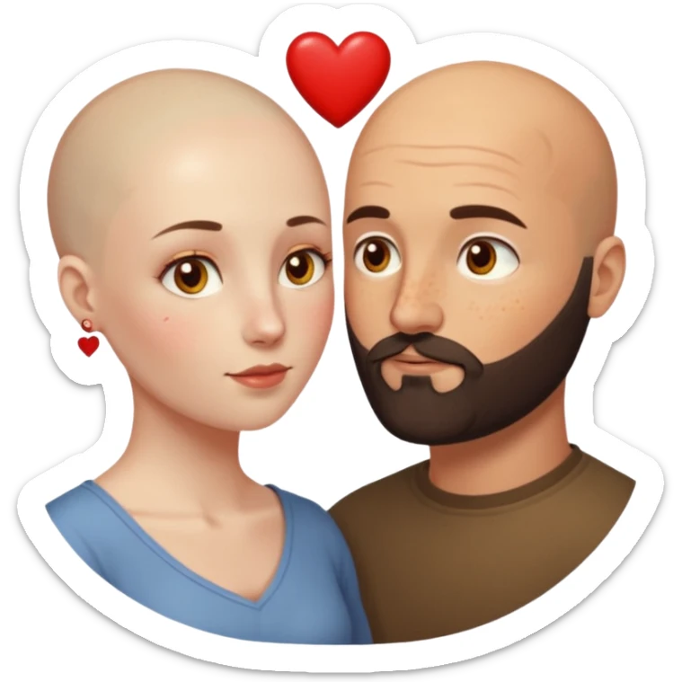 Couple. Bald man with dark brown-black beard. Woman with many small, faded, round, small freckles, white skin and she has auburn-yellow-brown dark hair. She has light yellow-brown eyes. He have hazel eyes. They look at each other. Many small red hearts around them. sticker