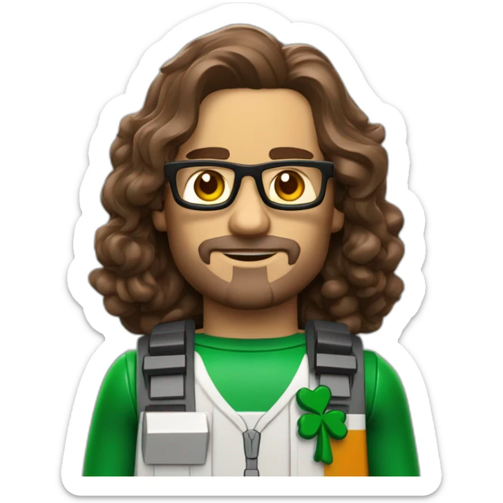 Half Puerto Rican and half Irish man with shoulder length wavy brown hair that wears glasses and is an iOS app programmer that likes legos, video games, and scifi movies sticker