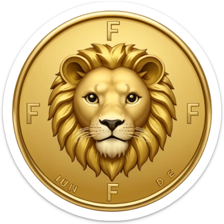 Fais un emoji de pièce d'or ronde avec l'inscription "F" dessus et un lion très détaillé gravé sur la pièce sticker