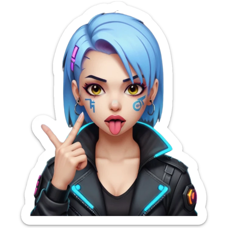 Woman with her tongue out in cyberpunk clothing and giving the middle finger. Looking naughty. sticker