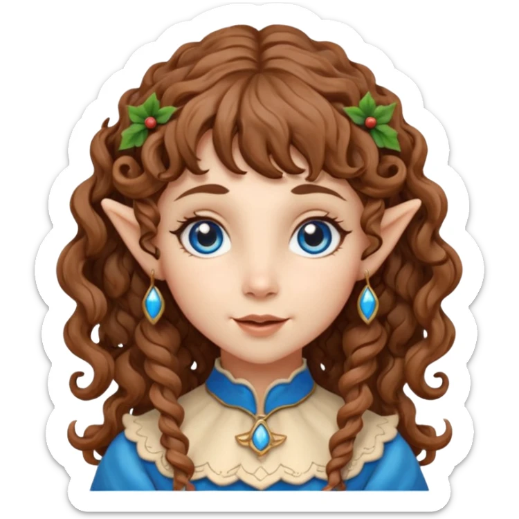 Kind Girl toymaker wood carving elf. Blue eyes. brown (just below chin length) wavy curly hair & bangs. Whimsical playful  sticker