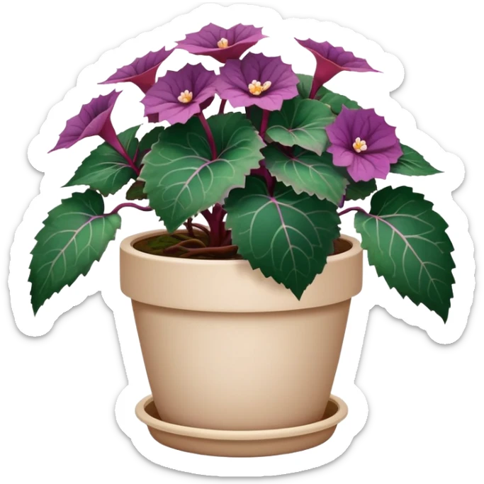 Begonia Rex with dark green leaves, purple edges, white spots in the middle, and prominent spiral centers where leaves grow from, in a beige pot sticker