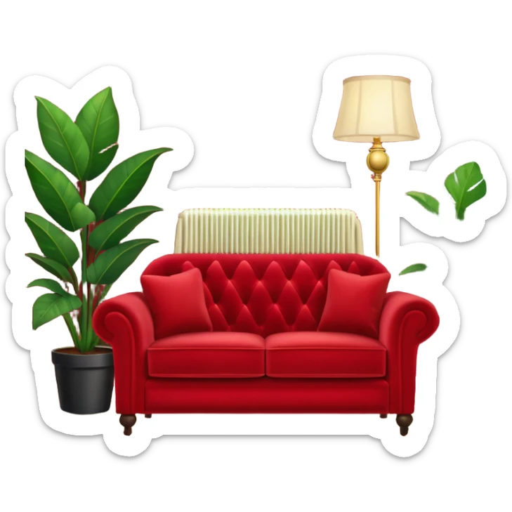 red velvet luxury loveseat with a mic in front, houseplant in back, and floor lamp in back; cozy living room vibes sticker