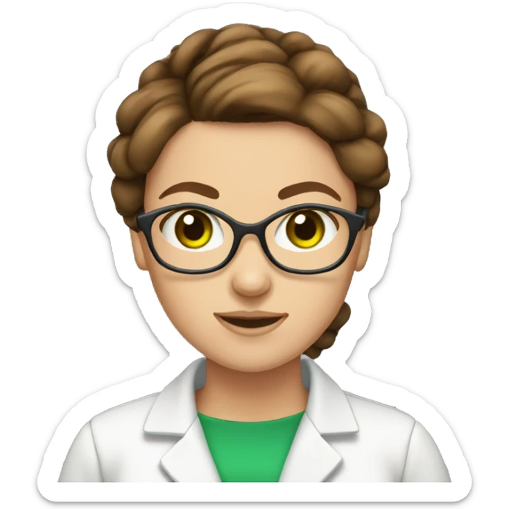 Female scientist with brown hair in a bun and green eyes NO glasses sticker