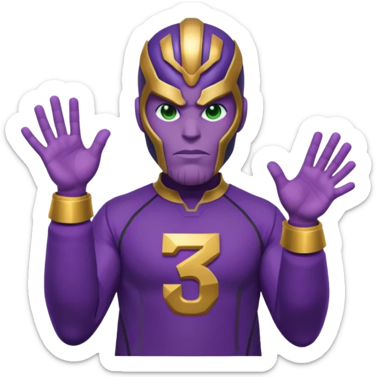 Emoji style T.O.P as Thanos, purple skin, powerful jaw, confident mischievous look, Squid Game Player 230 green tracksuit with number, subtle Infinity Gauntlet details on one hand, minimal, bold, bright, playful sticker