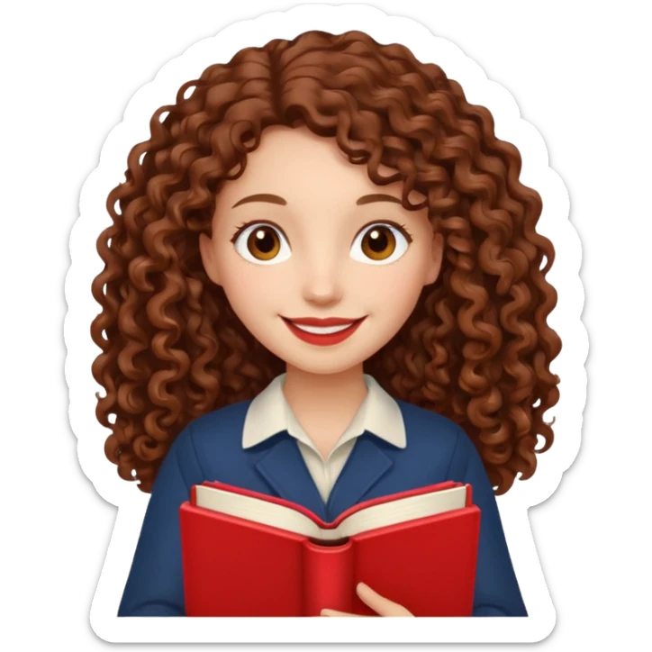 Long Hair Women with red Book, Brown curly hair, happy

 sticker