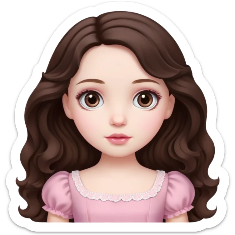 Hazel doll eyes, dark brown wavy hair, feminine, pink, girl, pale  sticker