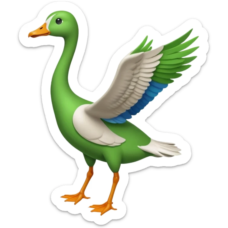Emoji of a running goose with a very long neck and two legs. Use the shape of 🪿 but color the entire goose bright green (#39C700). Make sure the neck, body, wings, and legs are fully green, like a white goose dyed completely green, with no white parts. sticker