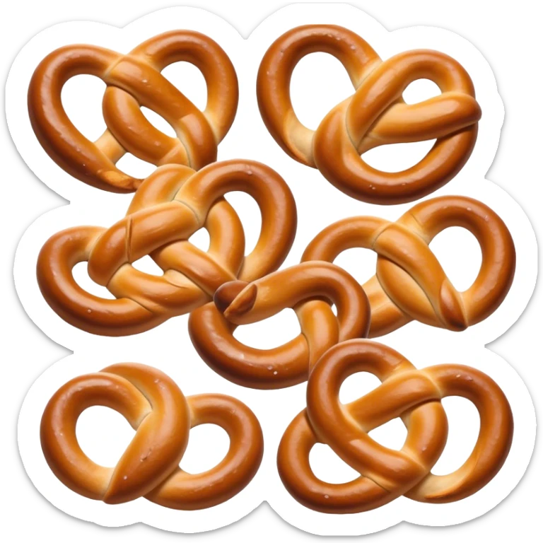 Cinematic Realistic Pretzels Dish Emoji, featuring freshly baked, twisted pretzels with a glossy, salted crust rendered with detailed textures and warm, appetizing lighting. sticker