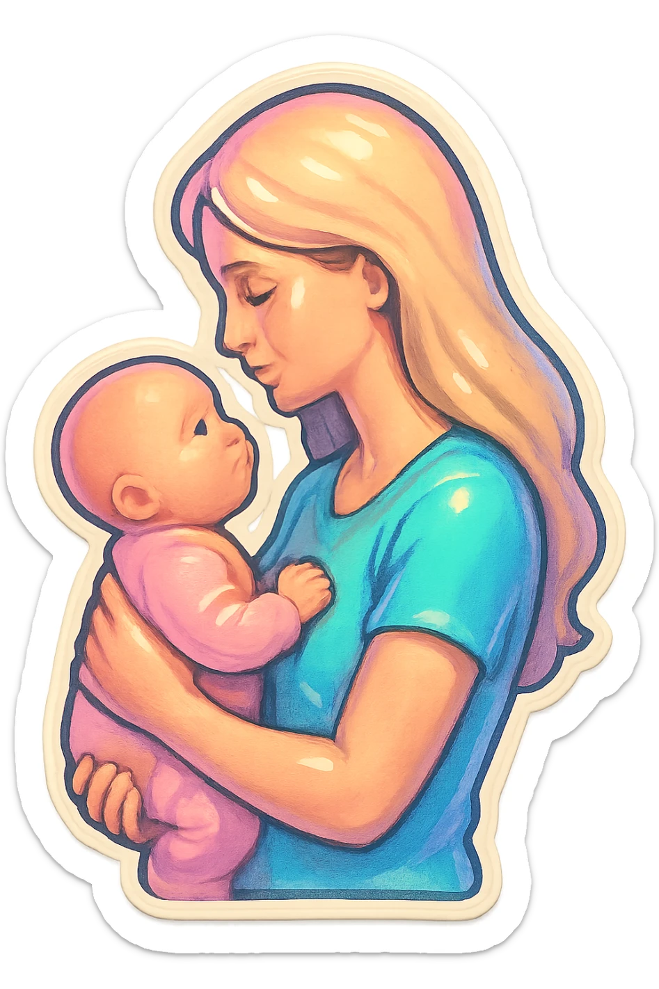 adult woman with long light hair holding a baby in her arms, gently looking at the baby, side view, thin clean outlines, soft rounded shapes, pastel palette, retro sticker aesthetic, detailed shadows and highlights, soft lighting sticker