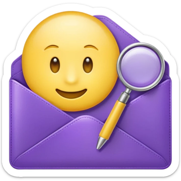 simple, minimalistic yellow (hex#FFD008) and purple (hex#8C52FF) emojis of a pin, a working case, a folder, a magnifier, an email, an envelope sticker