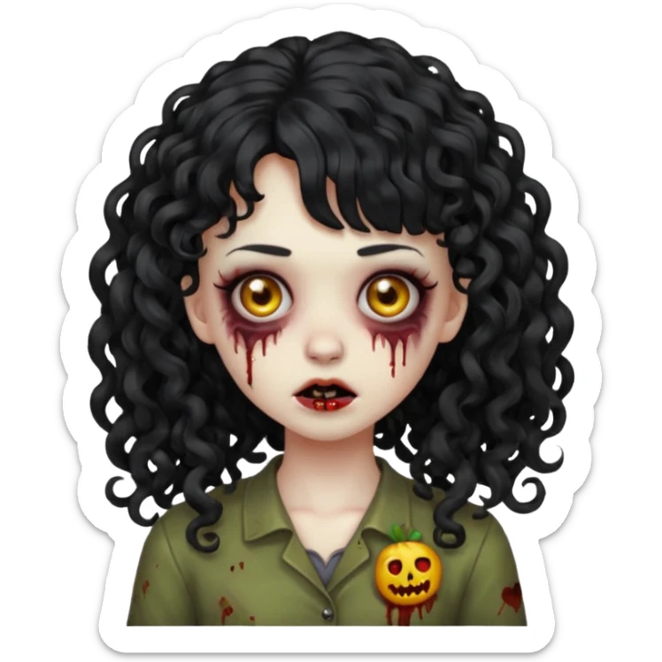 Emoji garota zombie com cabelo preto cacheado longo com franja cacheada sem volume sticker