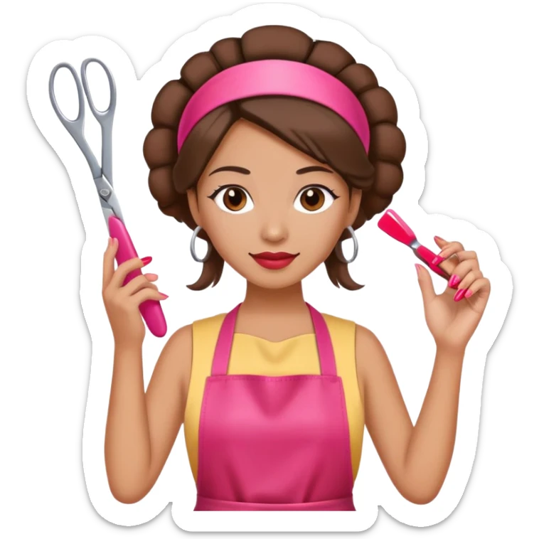 Woman with hair styled in headband, wearing red apron, holding pink nail polish in one hand and scissors in other hand, beauty salon worker sticker