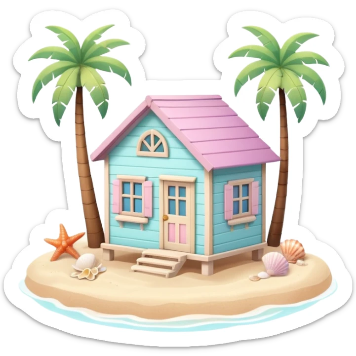 cute beach house, small seaside house, wooden walls, pastel colors, palm trees, seashells, warm sunlight, 3D cartoon, mobile game icon style, soft shadows, clean background, no text, no watermark
 sticker