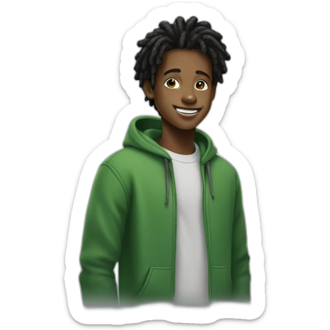 smiling black teenager boy with black locs wearing a green hoodie sticker