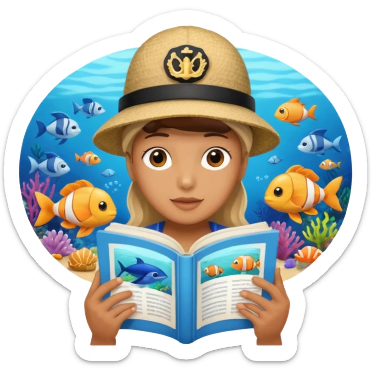 une personne qui lit un panneau afin d'en apprendre plus sur la vie marine  sticker