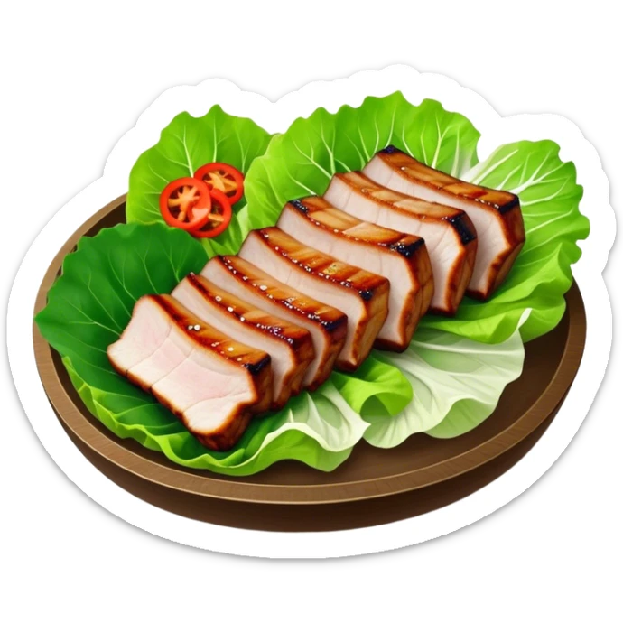 Samgyeopsal Cinematic Realistic Samgyeopsal Dish Emoji, depicted as slices of grilled pork belly served in crisp lettuce leaves with assorted fresh vegetables, rendered with dynamic textures and appetizing, natural lighting. sticker
