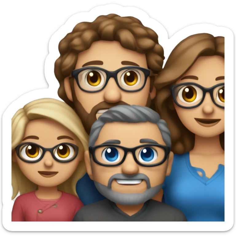 FAMILIA DE 4 PERSONAS Y UN PERRO MARRÓN PEQUEÑO. BEBE RUBIO OJOS AZULES, NIÑO RUBIO CON GAFAS AZULES OJOS MARRONES, MAMA RUBIA OJOS AZULES GAFAS NEGRAS Y PAPA CASTAÑO CON BARBA sticker
