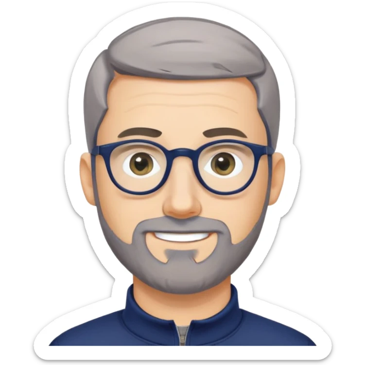 Caucasian man with oval face, hair cut extremely short and tight to head (military style), short beard with gray streaks, large black eyeglasses, cheerful expression, wide body type, navy blue long sleeve sweatshirt with quarter zip sticker