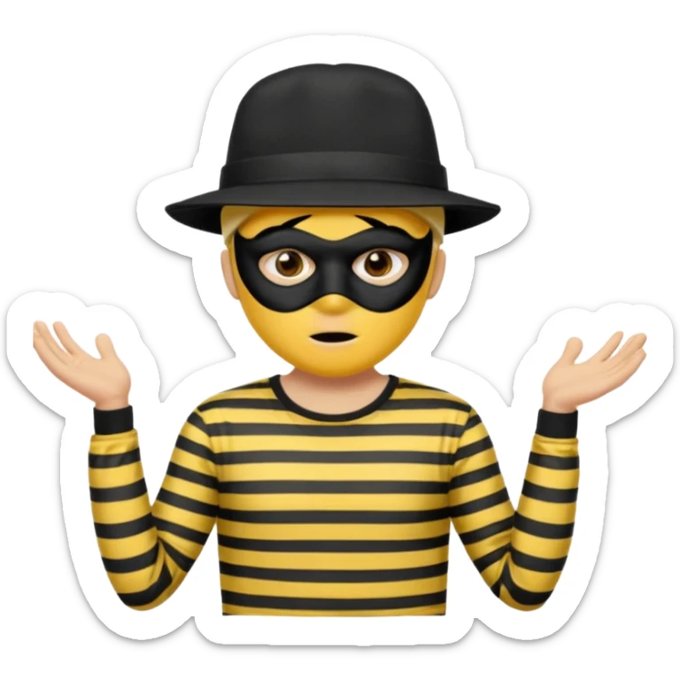 Shrugging shoulders emoji but wearing cliche robber outfit not holding any money, emoji yellow skin tone male sticker