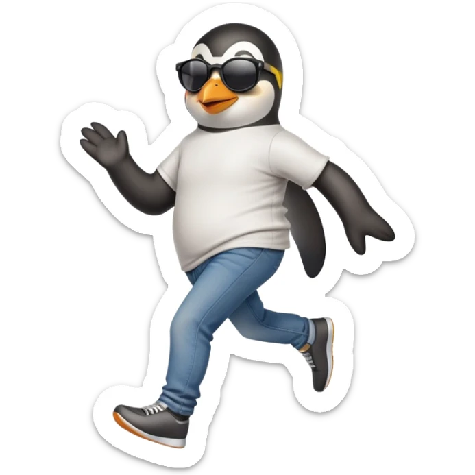friendly anthropomorphised penguin in jeans and a t-shirt, wearing dark sunglasses, jogging upright, relaxed pose sticker