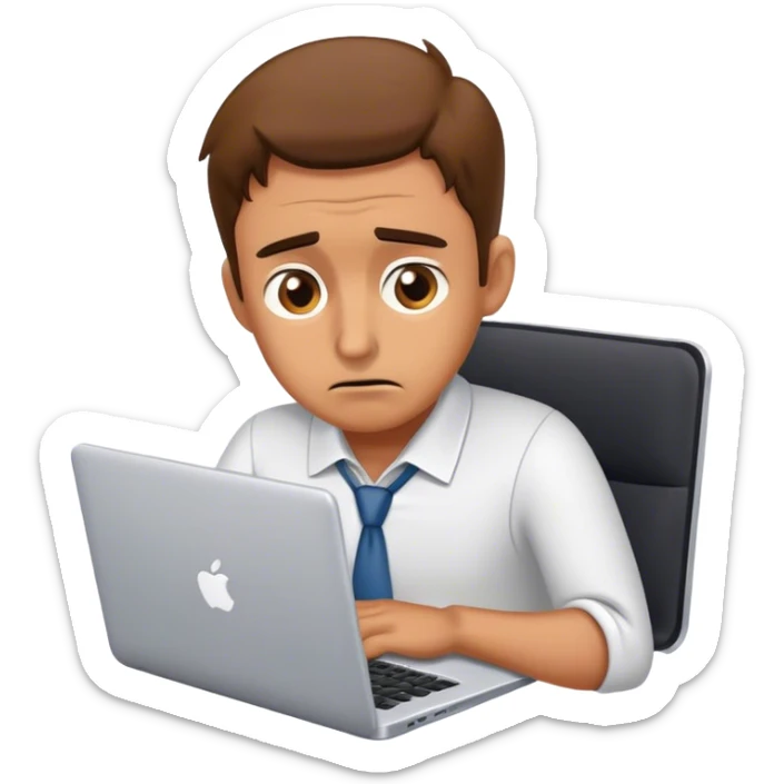 Design an emoji of a frustrated entrepreneur looking at their laptop, seeing low income numbers (5-15k/m). The character has a confused or disappointed expression, feeling stuck in business growth sticker