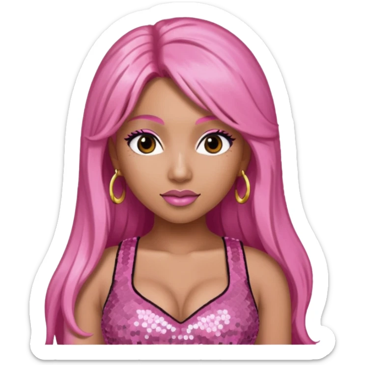 Nicki Minaj with long pink hair, pink sequin crop top, dark brown eye sticker