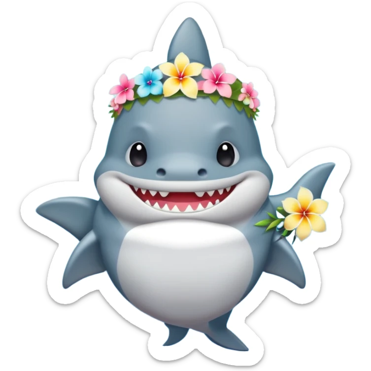 A cute chubby shark with hawaii pastel flower necklace and hawaiian flower crown, posing proudly. sticker